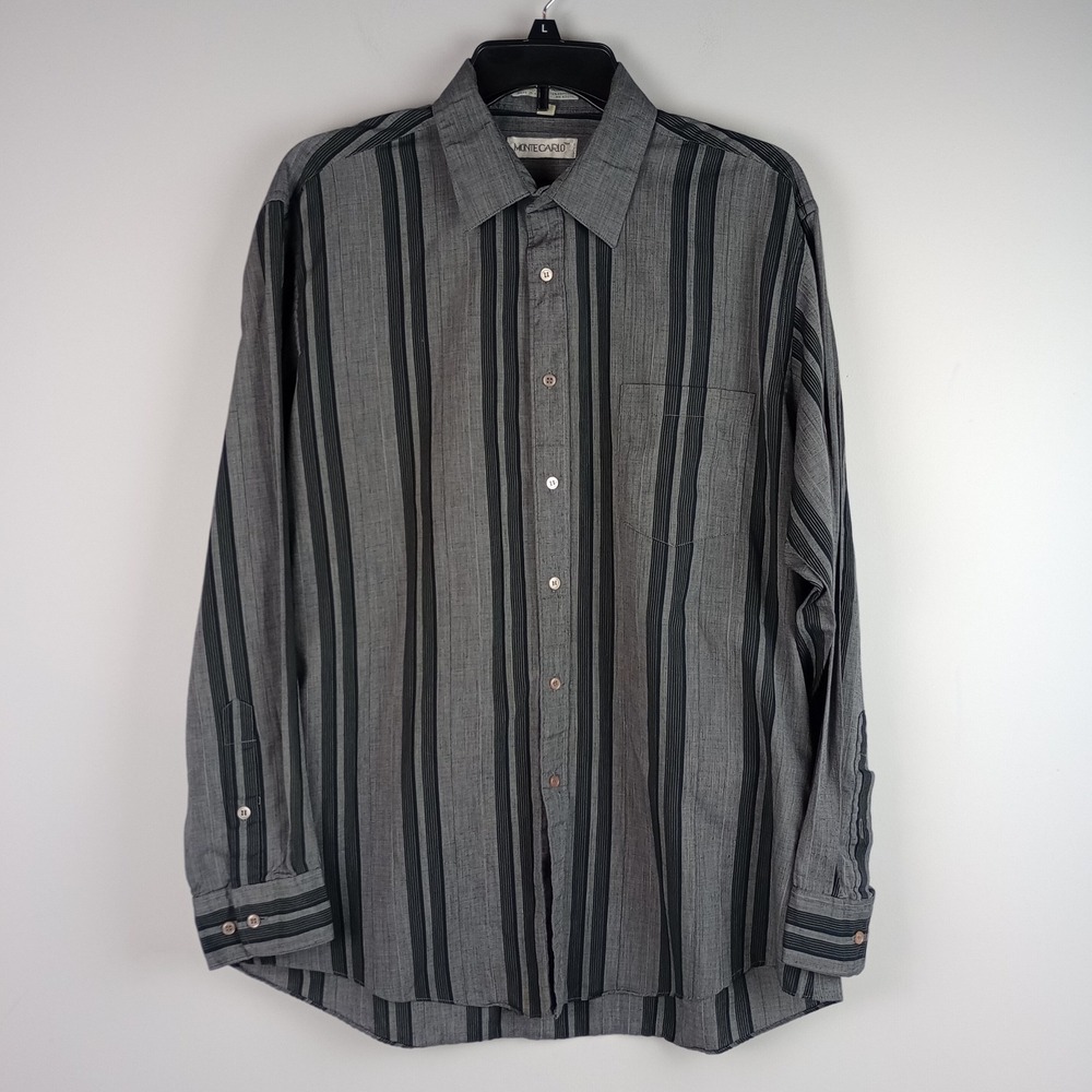 Monte Carlo Mens L Gray Striped Long Sleeve Button Up Casual Work Shirt